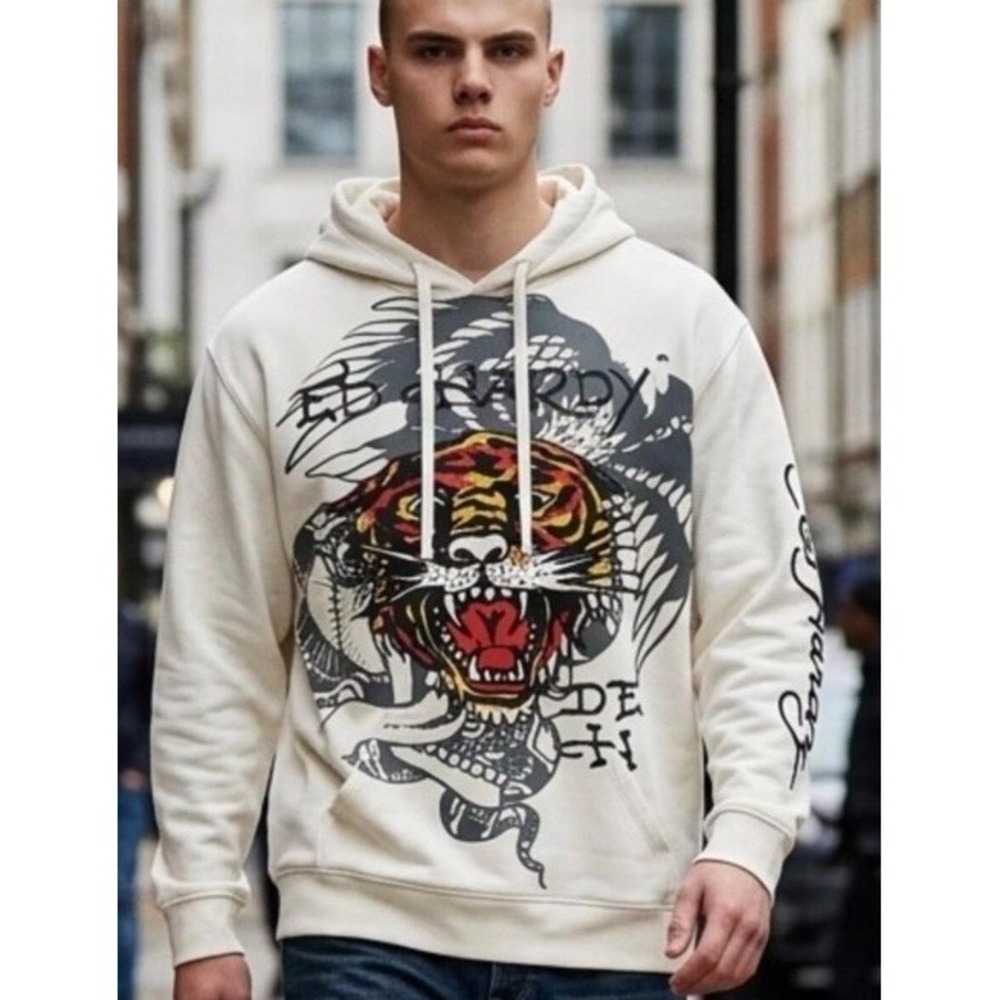 Ed Hardy Hoodie Men's Love Kills Slowly Tiger Sweater in Ivory Size M  (25-b69)